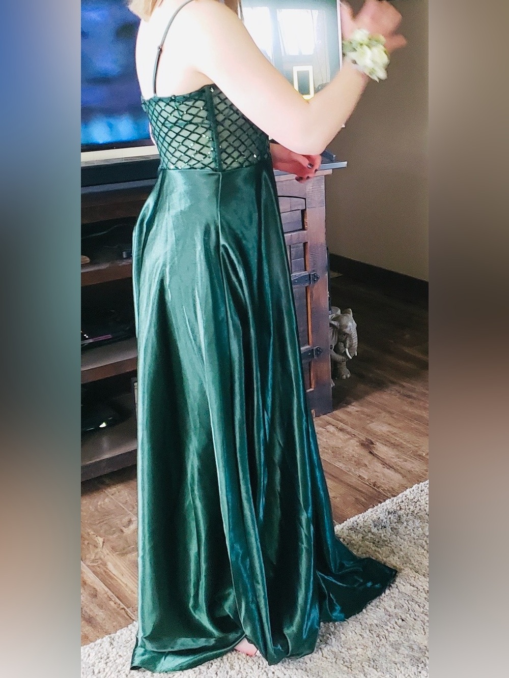 Windsor Dark Green Satin Prom Gown with Beaded Lattice Bodice - Picture 3 of 12